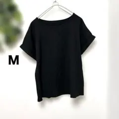 レディース トップス 黒 半袖 ポリエステル 袖ロールアップ風 Ｍ