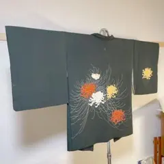 袷　羽織　菊の花　黒地　一つ紋　三ツ柏　縫紋　レディース