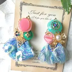 青　シフォン　パール　ボタン　ピアス　イヤリング　リボン　ヴィンテージ　レース