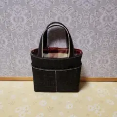 ハンドメイドブラックデニムミニトートバッグ赤 チェック柄