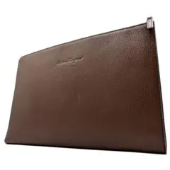 【美品】フェラガモ クラッチバッグ ビジネス ロゴ型押し ブラウン レザー 本革