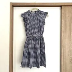 120 130 ノースリーブ ギンガムチェック 青　ワンピース　ハンドメイド