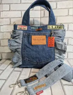 No.T003 サイドフリル　ショルダー紐付き　デニムリメイク　トートバッグ