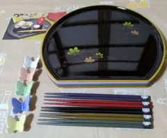 漆器半月盆と箸・箸置きセット 5組揃え