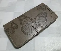 iPhone16 用 ケース 手帳型 蝶柄 バタフライ グレー 灰色