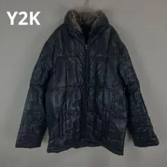 ダウンジャケット LL 黒 ボア襟 光沢　Y2K お兄系　グランジ　平成
