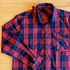 チェック　長袖シャツ　メンズ　Mサイズ　ワインレッドxネイビー