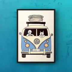 ★A4フレーム付き★オリジナル アートポスター SURF TRIP サーフ 犬