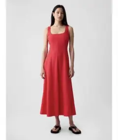 GAP リネン混ミディワンピース ノースリーブ ロングワンピース レッド 赤 M