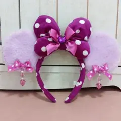 ディズニーリゾート カチューシャ ミニー 水玉 ドット イヤリング 紫 りぼん