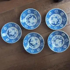 たち吉✱青白い花と鳥の模様 皿 5枚セット箱付き✱美品