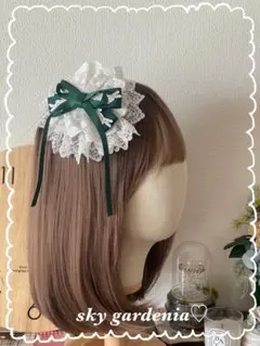 ♡ホワイトダブルレースローズグリーンリボン円形ヘッドドレスロリータ量産型ゴスロリ