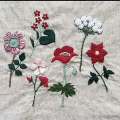ハンドメイド　刺繍生地　花　赤　刺繍フレーム　トートバッグ　インテリア　クロス