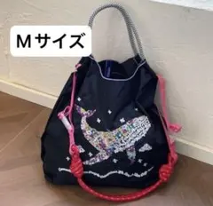 2WAY 刺繍エコバッグ　ストラップつき　クジラ　ブラック　トートバッグのサムネイル