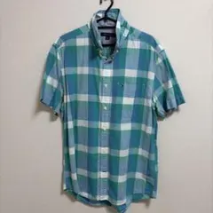 TOMMY HILFIGER 半袖シャツ M 青緑のチェックボタンダウンシャツ