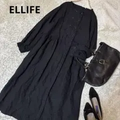 美品＊エリフェ ELLIFE レースリネンワンピース 麻 黒 F ゆったり