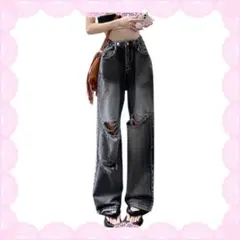 SHEIN ダメージ加工 グレー ワイドレッグ デニムパンツ