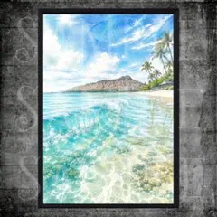 【HT5】ワイキキ ダイヤモンドヘッド 波 海 A4ポスター 水彩画