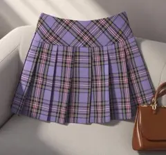 紫色 チェック プリーツミニスカート Sサイズ