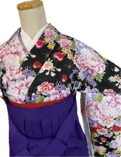 未使用 しつけ付き ポリエステル 二尺袖 小振袖 単品 黒地 花柄 卒業式袴にのサムネイル