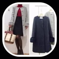 ツイードノーカラーファー付きコート★