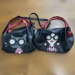 【ジャンク】猫と女性のイラスト付きバッグ2点セット　普段使いにどうぞ