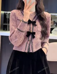 リボン付きピンクニットカーディガン