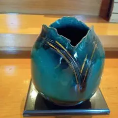 信楽焼　青緑色 陶器 花瓶 破損デザイン