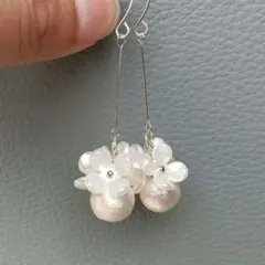 №514　10mmコットンパール×フラワーモチーフピアスイヤリング　ハンドメイド