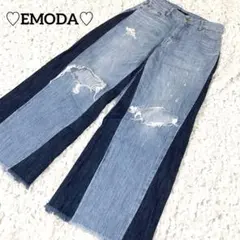 ♡EMODA♡サイドパッチワイドデニムパンツ　ダメージ　リメイク　Mのサムネイル