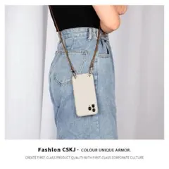 iPhoneケース　iPhone13promax ショルダーケース　茶紐付　白