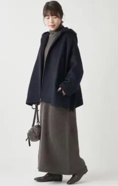 ネイビー フード付き ポンチョ風コート