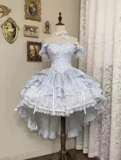 水色オフショルダーコルセットロリータ レース前後差スカート
