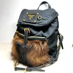 レア 希少 プラダ リュック バッグ ファー ナイロン ブラック ゴールド金具