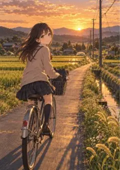 【イラスト】夕暮れの田舎道と自転車の少女 アートポスター