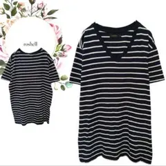 【ロシェル】綿100%Vネックボーダー半袖Tシャツカジュアルオフィス通勤紺白♡Lのサムネイル