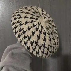 ハウンドトゥースブラウンベレー帽【美品】