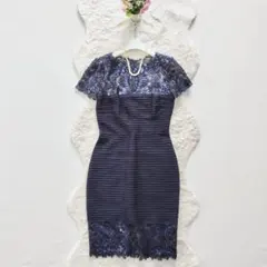 美品】タダシショージ 花柄刺繍 ひざ丈 フレア ワンピース 紺 - メルカリ