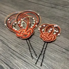 和風ヘアピンセット 赤オレンジ 2個