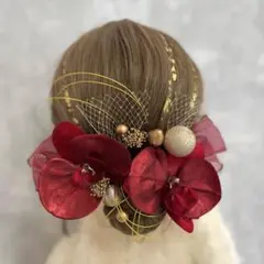 ランレッド♡金箔付♡髪飾り ヘッドドレス 前撮り 成人式 卒業式 七五三