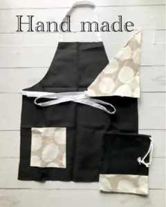 水玉ドット柄エプロン三角巾巾着3点子供用キッズ黒＆ベージュ150