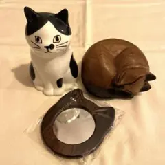 猫3点セット/猫フラワーベース/ペンスタンド/アンティーク木製置物/猫型鏡