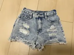 デニムブルー ダメージ加工 ショートパンツ