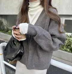 アンドミー andme 片畦編み 長袖 ニットカーディガン （チャコールブラウン