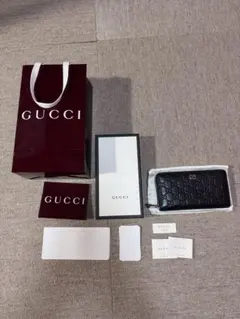 GUCCI グッチ シマガラ ファスナー長財布 レザーブラック黒色 中古【本物】