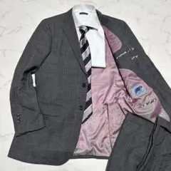 美品　セットアップスーツ　グレー　チェック　裏地ピンク系　A7 本切羽