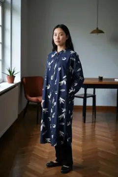 リーフ柄プリント長袖シャツワンピース コットン100% 新品未使用品