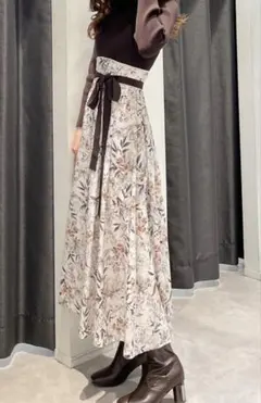 MERCURYDUO ニットドッキングギャザーフレアワンピースS 紐付きブラウン