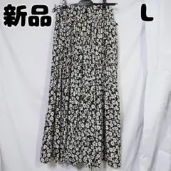 新品 未使用 しまむら 花柄プリーツスカート L ホワイト系 ブラック系