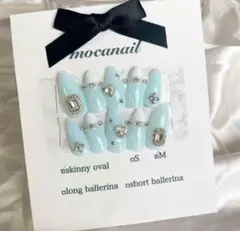 【現品】ネイルチップ 量産型 ワンホン 韓国 スナ系 水色 ハート ガーリー